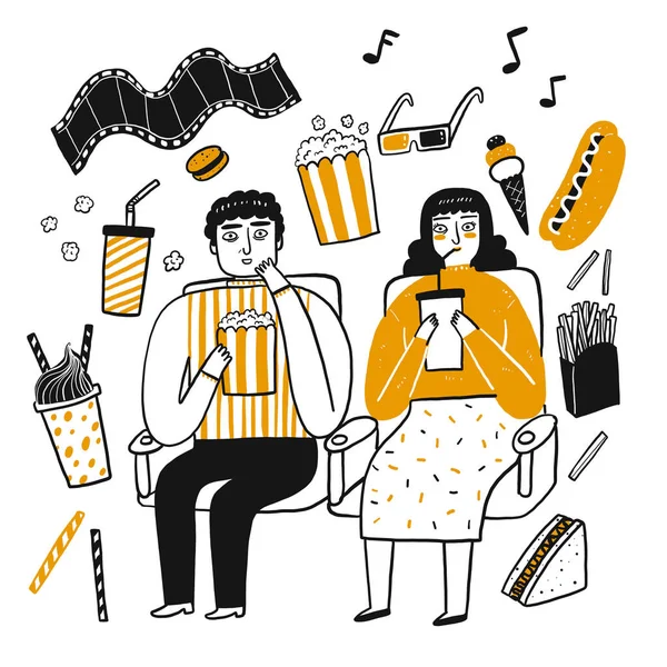The drawing character of people, Popcorn lover. — 스톡 벡터