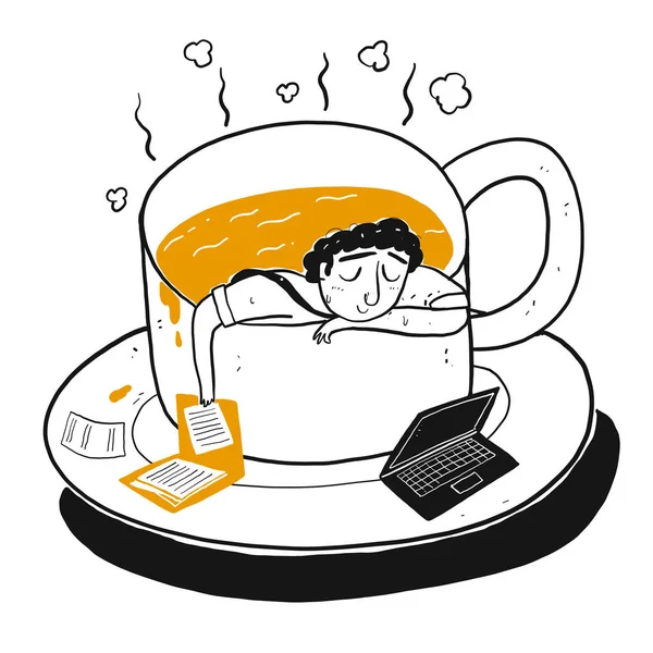 El personaje de dibujo un hombre en una taza de café . — Vector de stock
