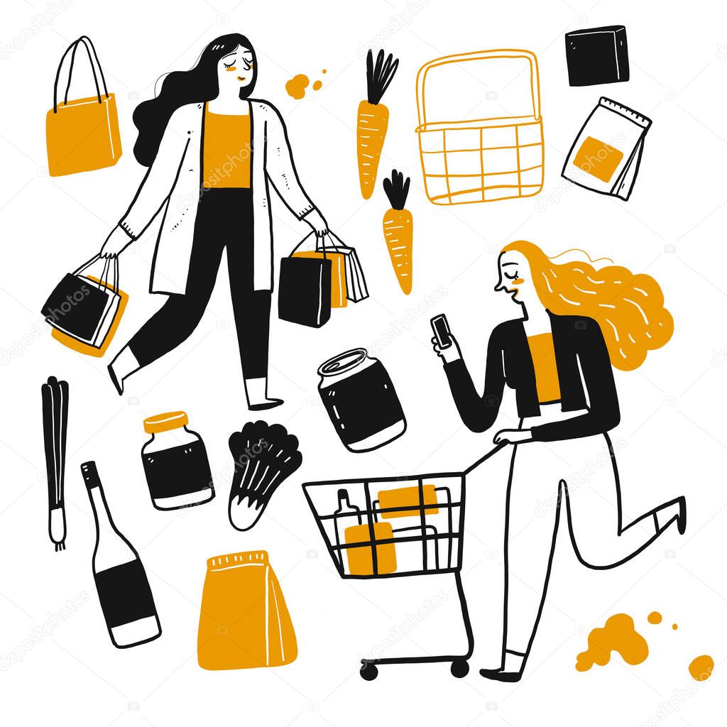 The drawing character of people shopping. 