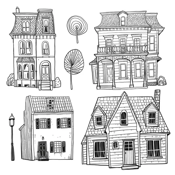 Conjunto de edifícios desenhados à mão — Vetor de Stock