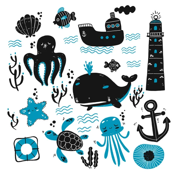 Set of sea creatures and marine sketches — Stock Vector