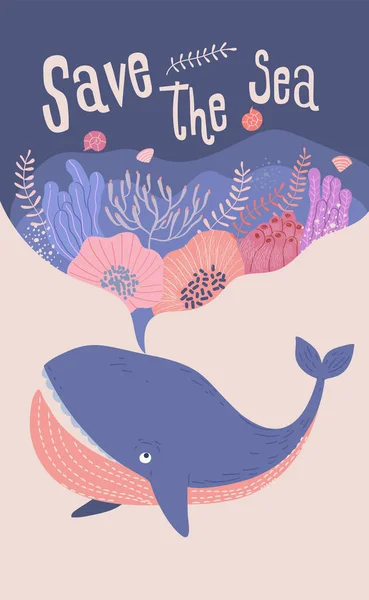 鲸鱼和海底植物的设计元素 — 图库矢量图片