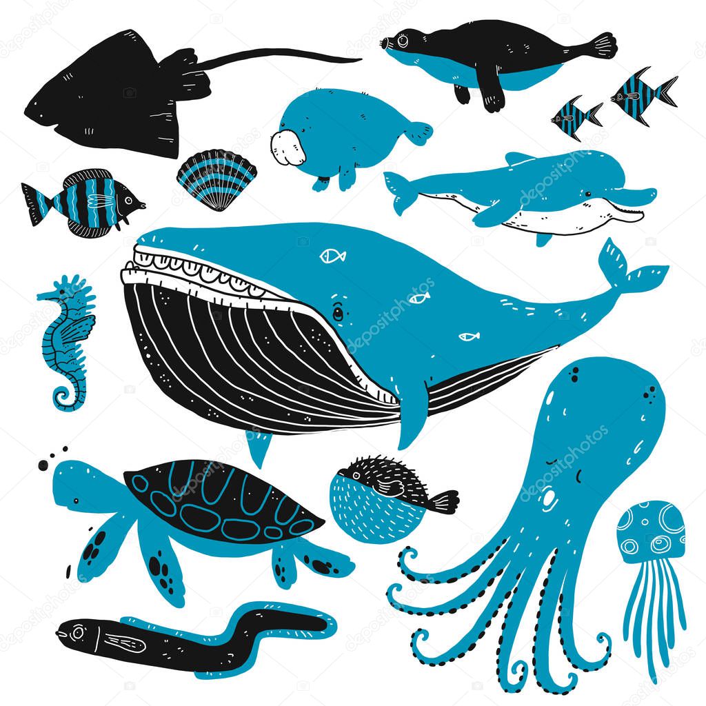 Set of deep sea creatures sketches.