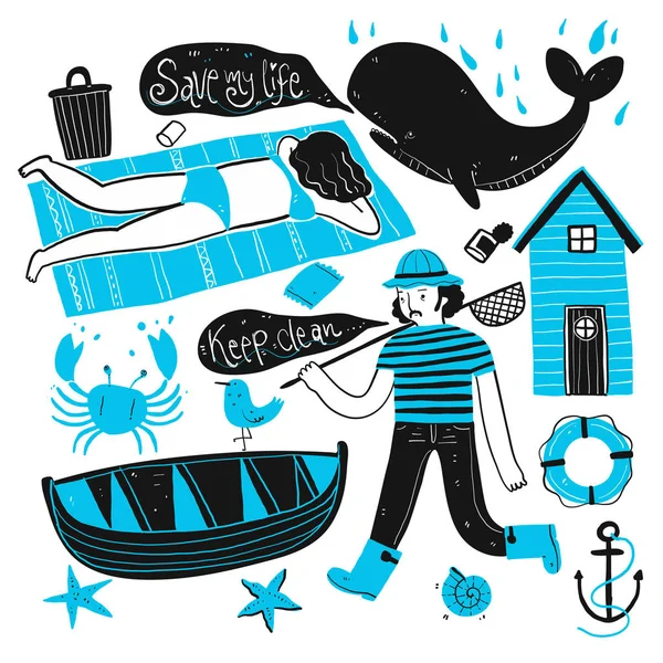 The daily lives of fisherman and tourists on the beach. Collecti — Stock Vector