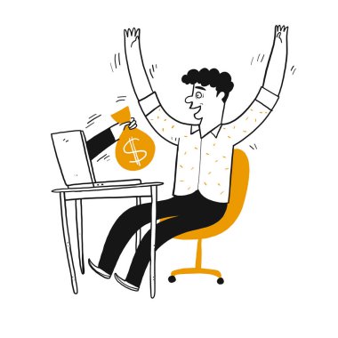 Young man be happy looking the poking hand from laptop vector stock vector