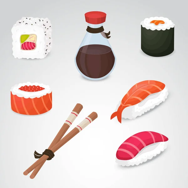 Sushi Reális Vektor Ikonok Semleges Háttérrel — Stock Vector