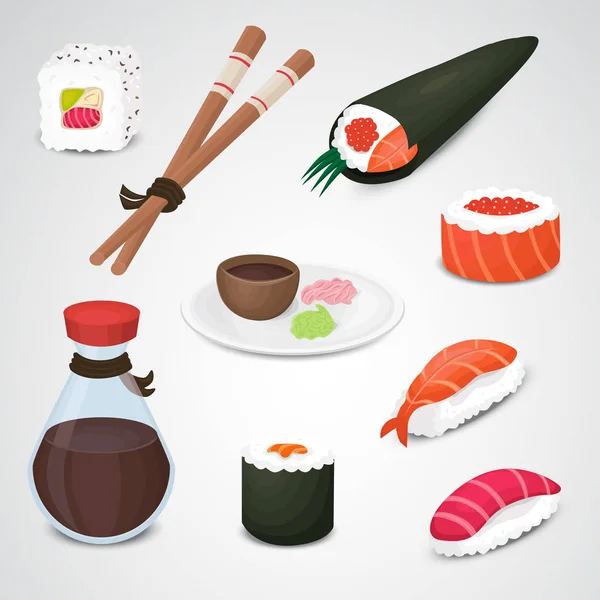 Sushi Reális Vektor Ikonok Semleges Háttérrel — Stock Vector