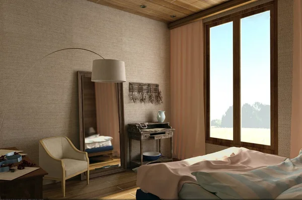 Интерьер спальни в старинном стиле из лиственных пород — стоковое фото