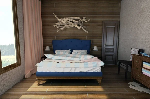 Интерьер спальни в старинном стиле из лиственных пород — стоковое фото