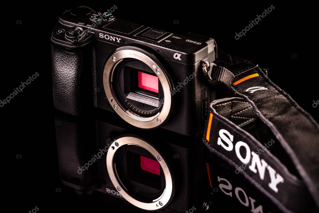 Graz, Austria - July 07, 2019: Camera Sony closeup of the logo of APC S matrix Alpha 6400. Illustrative background