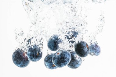 Yaban mersini beyaz arka plan üzerinde izole hava kabarcıkları ile sualtı batıyor. Berry meyve teması