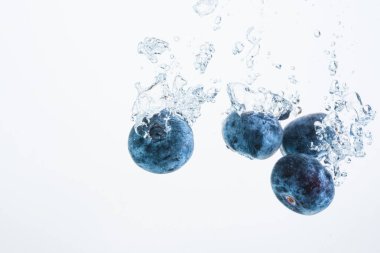 Yaban mersini beyaz arka plan üzerinde izole hava kabarcıkları ile sualtı batıyor. Berry meyve teması