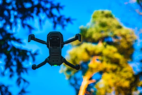 Graz, Ausztria: 02.01.2020 - Egy Dji Quadcopter Drone Mavic mini 249g közeli fotózása. Drón repül a napfényes erdőben. — Stock Fotó