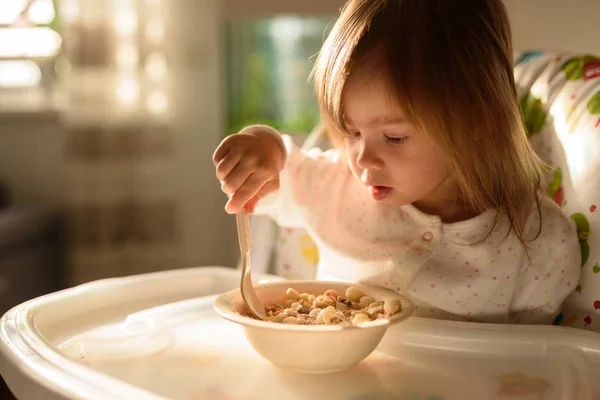 Two Years Old Eats Brakefast Herself Spoon Child Development Concept — Stock Fotó
