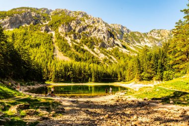 Gruner See, Austria - 18.08.2019 : Panorama view of famous green lake in Austria, Styria. Tourist spot travel destination