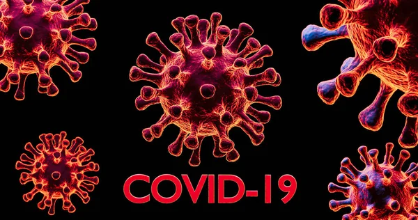 Immagine della cellula virale influenzale COVID-19 al microscopio sul sangue. Coronavirus Covid-19 focolaio di influenza sfondo. Sfondo Render 3D . — Foto Stock