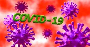 Kanın mikroskop altında grip COVID-19 virüsü görüntüsü. Coronavirus Covid-19 salgını geçmişi. 3B Hazırlama arkaplanı.