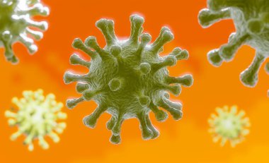 Kanın mikroskop altında grip COVID-19 virüsü görüntüsü. Coronavirus Covid-19 salgını geçmişi. 3B Hazırlama arkaplanı.