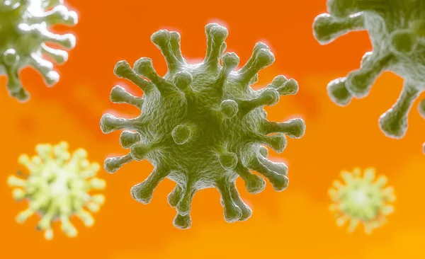 Image de la cellule virale de la grippe COVID-19 au microscope sur le sang. 3D Render arrière-plan . — Photo