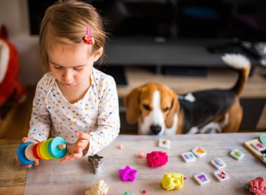 Mutlu küçük çocuk, tapılası yaratıcı 2 yaşındaki kız hamur plastikinle oynuyor, renkli mankenlik bileşimi, parlak güneşli bir odada oturuyor köpek izliyor. Eğitim kavramı