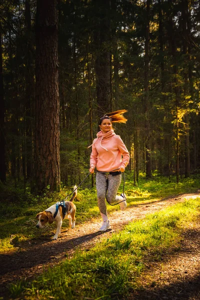 Genç bir kadın ve köpek ormanda birlikte koşuyorlar. Neşeli dişi, evcil hayvanıyla dışarıda egzersiz yapıyor. Etkin insanlar konsepti.