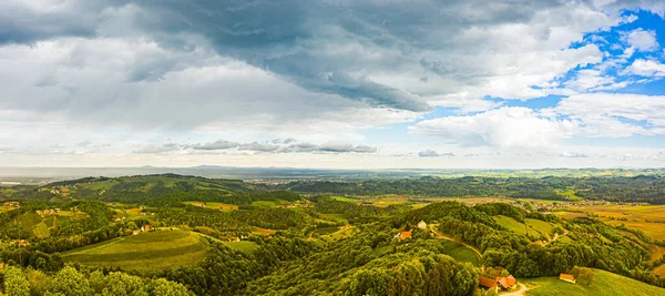 Aerial Panorama Green Hills Vineyards Mountains Background Austria Vineyards Landscape — Stock Photo, Image