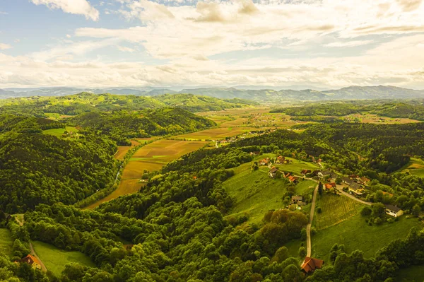从空中俯瞰青山和背景群山的葡萄园 奥地利葡萄园景观 莱布尼茨地区在南施蒂里亚 葡萄酒国家 托斯卡纳喜欢的地方和著名的旅游胜地 — 图库照片