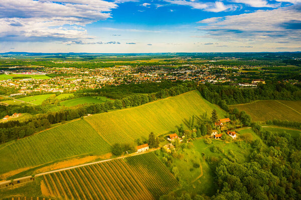 Austria vineyards landscape. Leibnitz area in south Styria, wine country. Tuscany like place and famous tourist spot