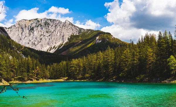 Panorama Jezera Alpách Zelené Jezero Gruner See Místo Návštěvě Turistické — Stock fotografie