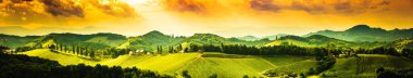 Güney Styria üzüm bağları panorama manzarası, Gamlitz, Avusturya, Eckberg, Avrupa yakınlarında. Baharda üzüm tepelerinin şarap yolu manzarası. Turist beldesi, seyahat yeri.
