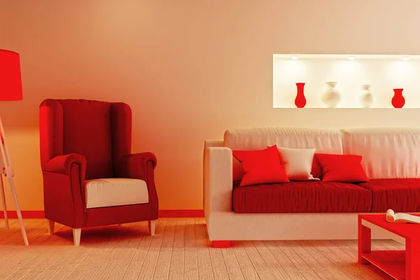 Parte da sala de estar em cores vermelhas e brancas (imitação de Natal ). — Fotografia de Stock
