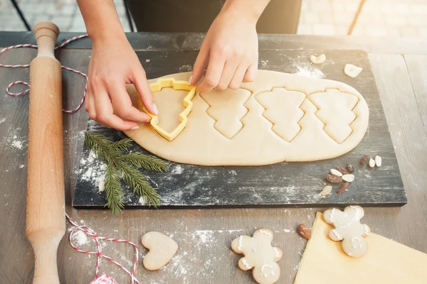 Christmas tree gingerbread cookies making — Stock Photo, Image