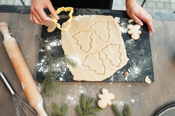 Close-up of gingerbread dough with formed cookies — Stock Photo, Image