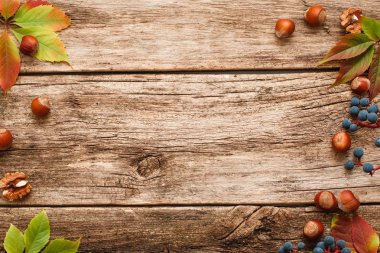 Fındık ve üzüm çerçeve ahşap düz üzerinde yatıyordu