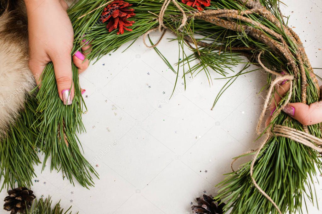 Process of making Christmas wreath