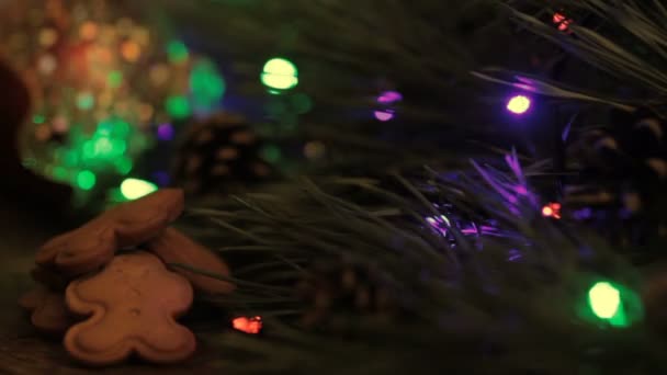 Luces parpadeantes en árbol de Navidad y galletas — Vídeo de stock