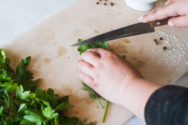 Cocinera cortando perejil verde en el escritorio —  Fotos de Stock
