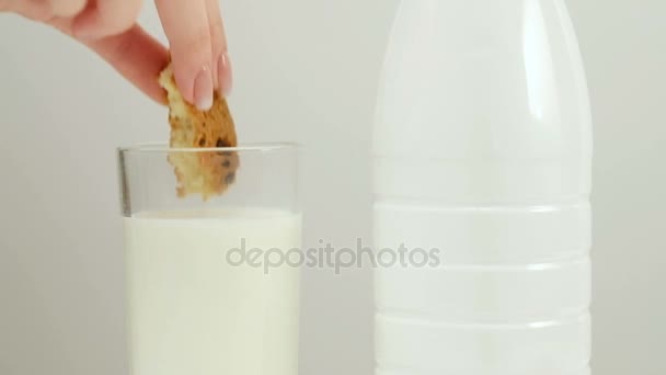 Жінка печиво занурення теплих молочних закусок — стокове відео