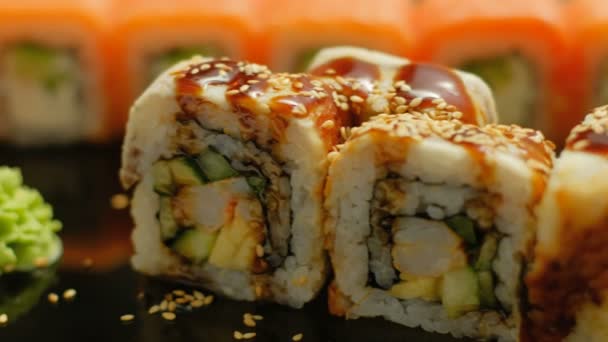 Oriental cuisine sushi rolls food meal delicacy — Stock Video