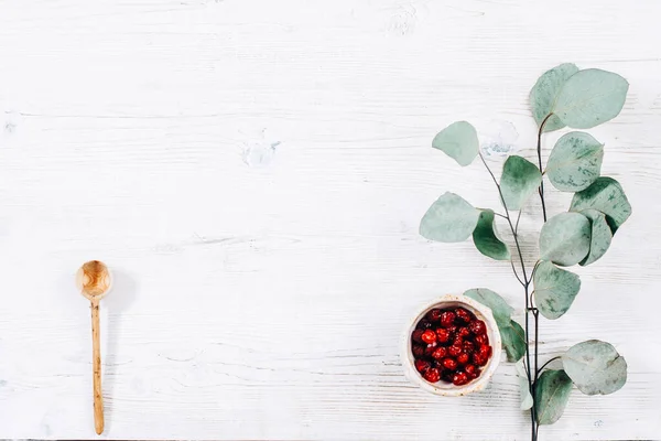 Witte rustieke achtergrond gedroogd fruit groene takje — Stockfoto