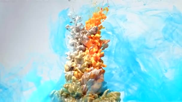 Kleurstof mix beweging brons oranje verf stroom blauw stoom — Stockvideo