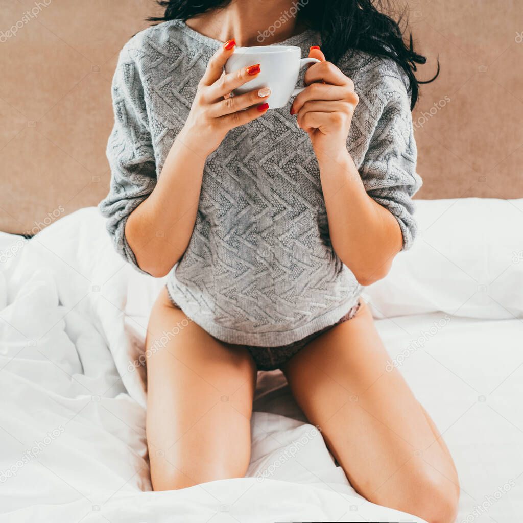 romantic morning coffee bed woman sweater panties
