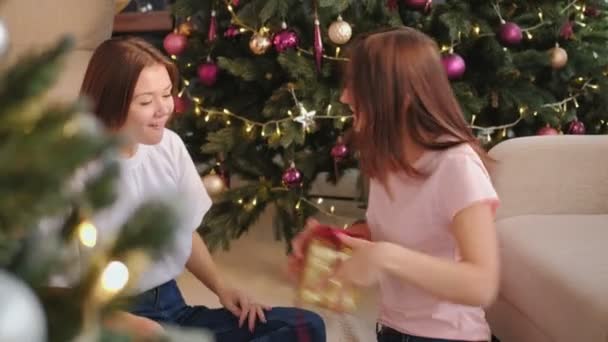 Nuovo anno sorpresa adolescente ragazza felice ricevere regalo — Video Stock