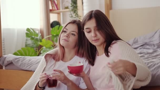 Друзі зв'язують домашні дозвілля дівчата п'ють чай — стокове відео