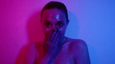 glitter art portrait surprised woman shiny skin