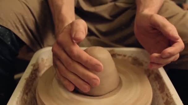 Vase manufacturing hands shaping clay potter wheel — Stock Video