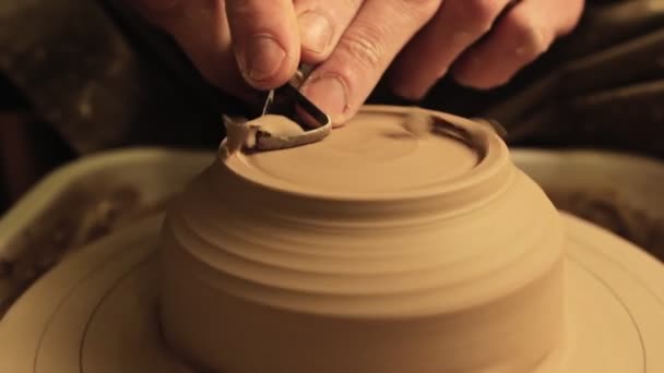 Ceramic art creative hobby male hands carving clay — ストック動画