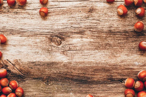 Rustic background fall snacks hazelnuts wooden — 스톡 사진