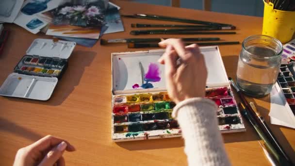 Suluboya sanat yeteneği olan kadın boya fırçasını karıştırıyor — Stok video