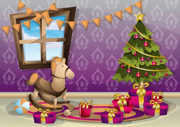Cartoon vector illustratie interieur kerst kamer met gescheiden lagen — Stockvector